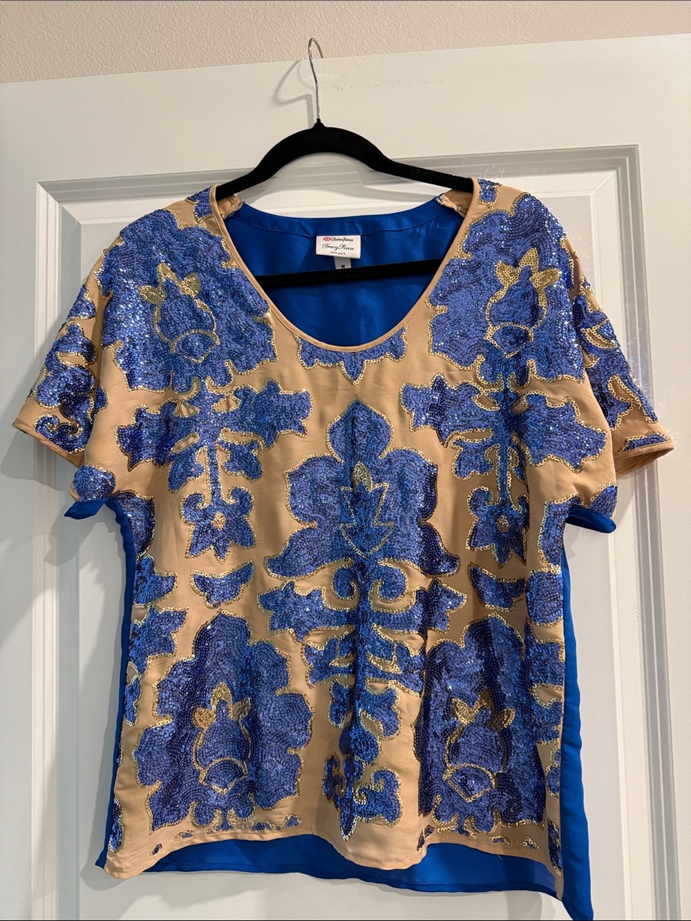 Neiman Marcus Tracy Reece Beaded Blue Floral Appliqué Top sz m